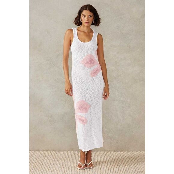MON RENN BLOOM KNIT MIDI DRESS - WHITE / PINK Vacation Dress size S NWT$229 - Picture 2 of 9